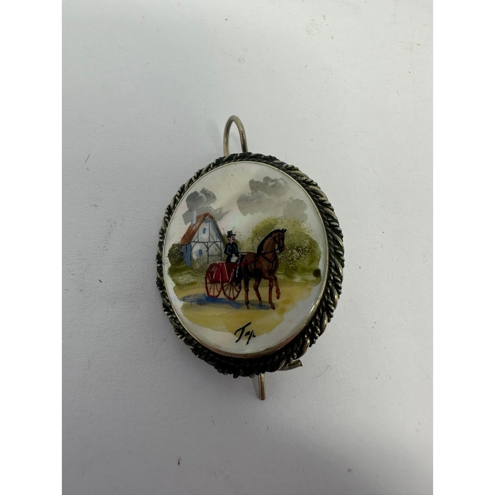 Vintage Hand Painted Mother of Pearl Equestrian‎ Horse Carriage Brooch Signed